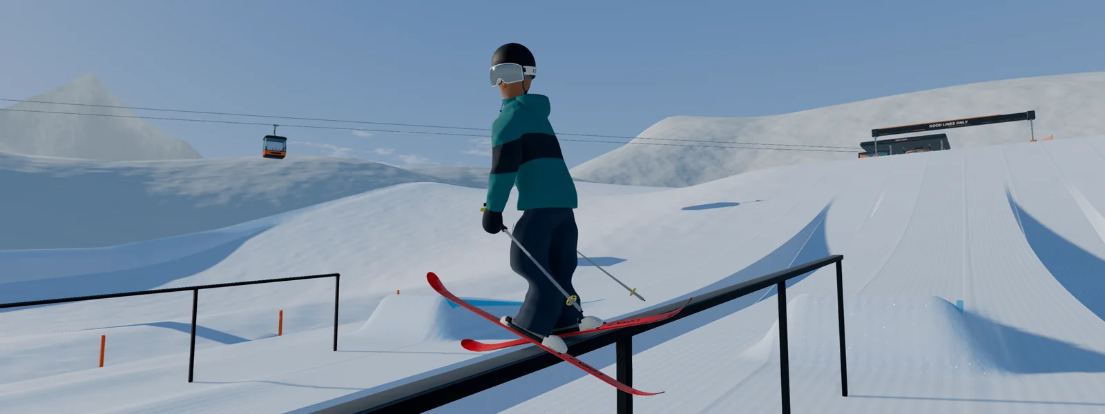 Cork7 skier sliding a rail in the snowy mountain park